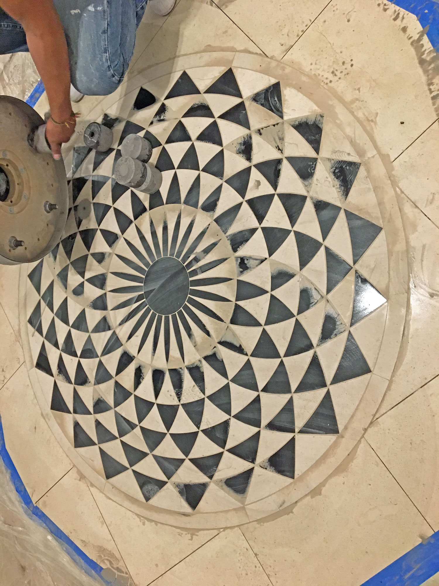 Custom Mosaic Floor Medallion Installation